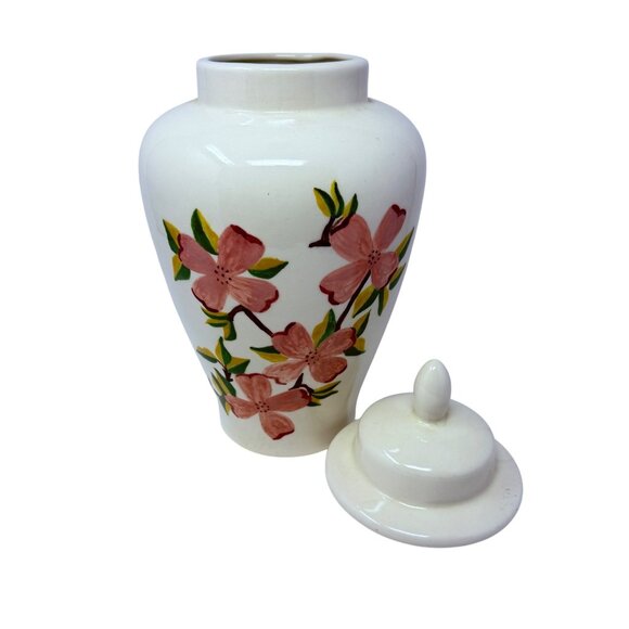 Vintage Hand Painted Lidded Ceramic Ginger Jar with Pink Dogwood Blossoms, 15” T - Picture 2 of 7